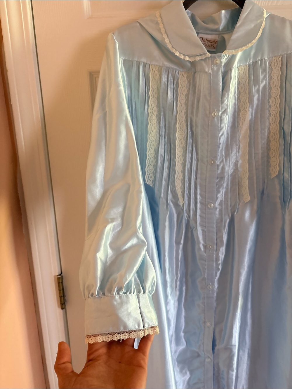 Light Blue Vintage Long Button Satin Nightgown - Picture 4 of 9